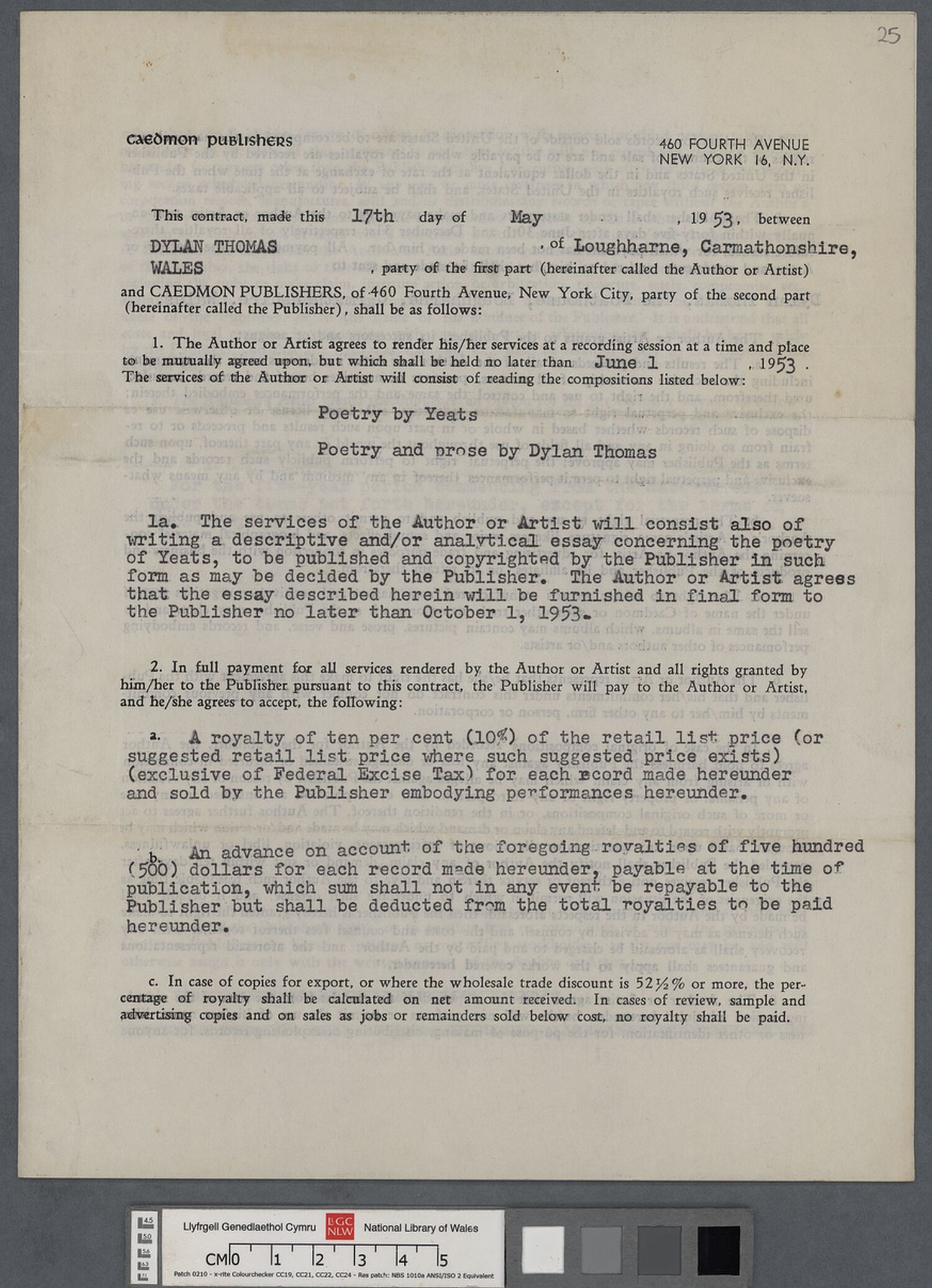 Cytundeb ar gyfer sesiwn recordio gyda Caedmon Publishers, 17 Mai 1953, ar gyfer 'Poetry by Yeats' and 'Poetry and Prose by Dylan Thomas'.