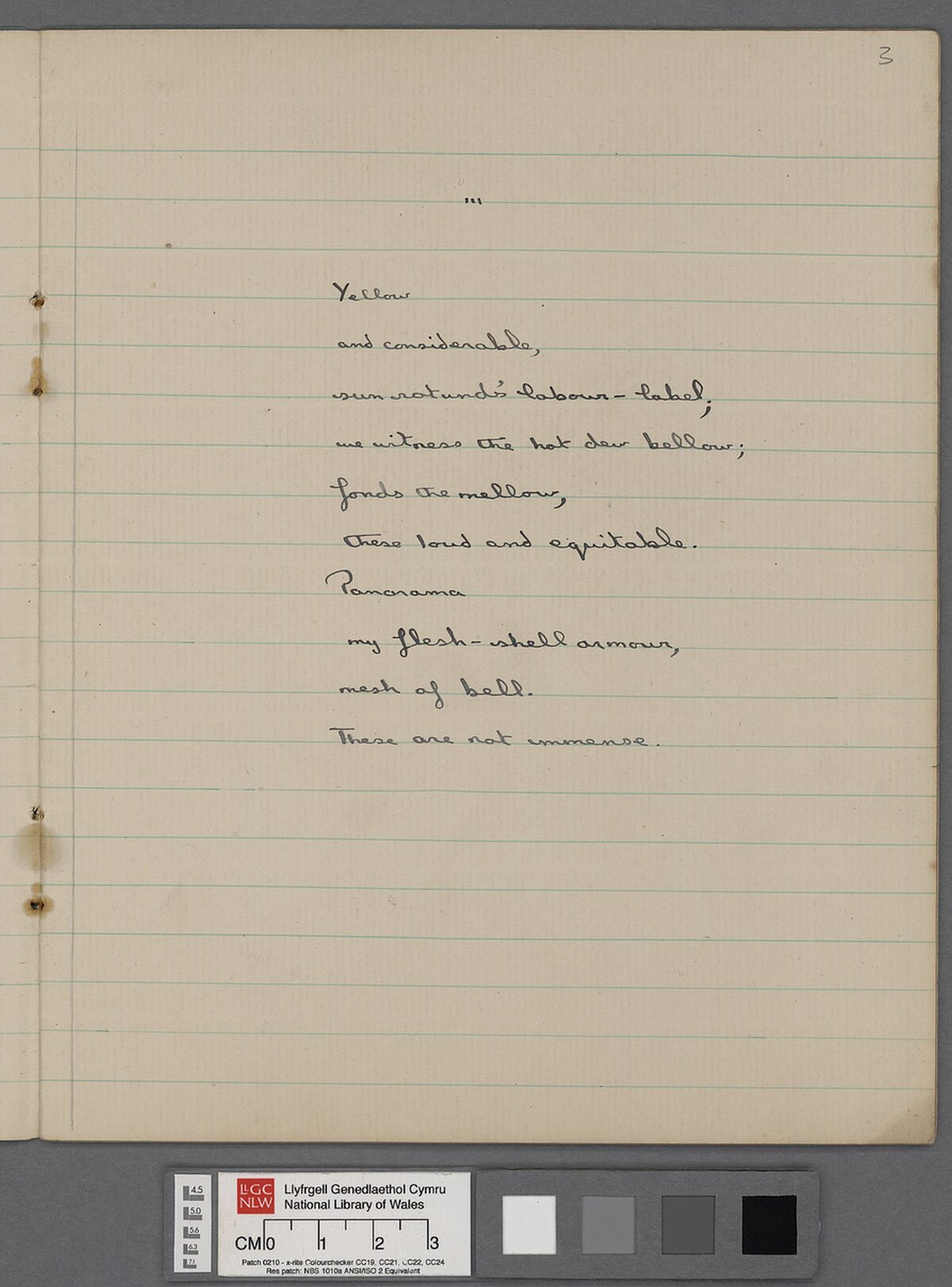 Llyfr ysgrifennu yn cynnwys pennill gan Dylan Thomas.