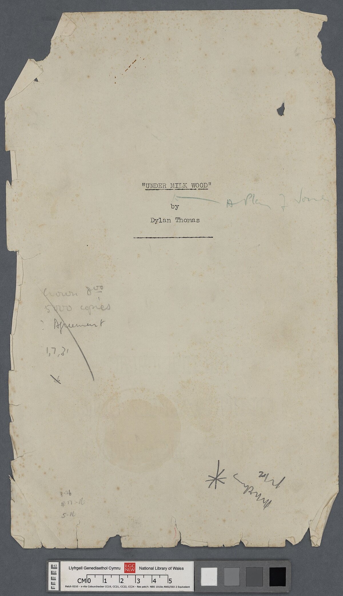 Sgript 1953 o Under Milk Wood, gyda nodiadau yn llaw Dylan Thomas a Daniel Jones. Mae'r waled, yr oedd y sgript ynddi, wedi'i labelu fel "1 of New York scripts".