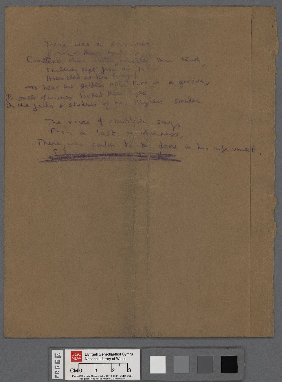 Drafft llawysgrif o bennill cyntaf a thair llinnell gyntaf yr ail bennill o'r gerdd, 'There was a Saviour'.