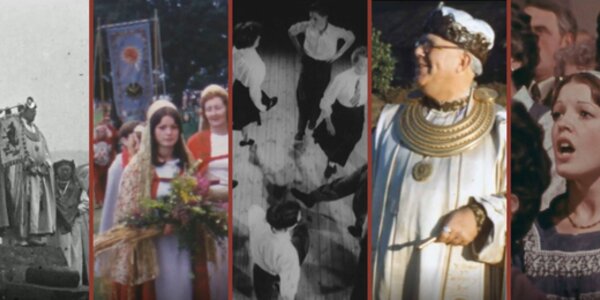 A compilation of still images taken from various films about the Eisteddfod, showing member of the Gorsedd, flower girls, dancers and singers.