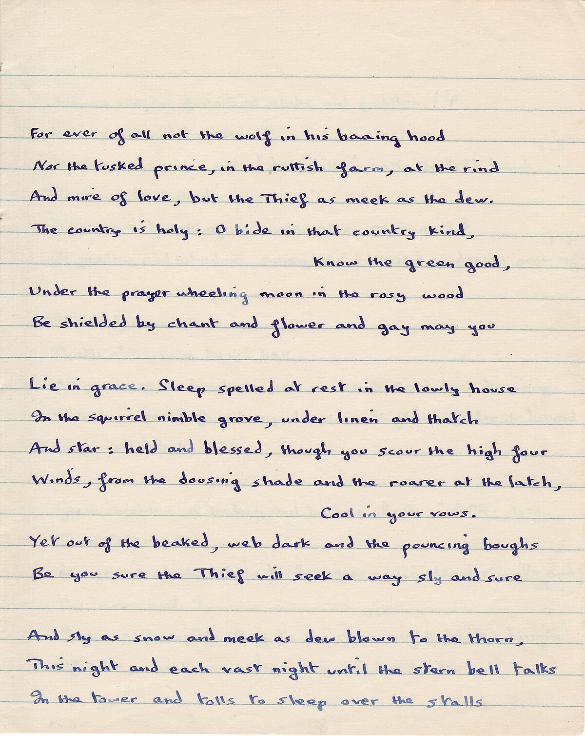 Drafft o'r gerdd, 'In Country Sleep', o Lyfr Nodiadau 1949-1951.