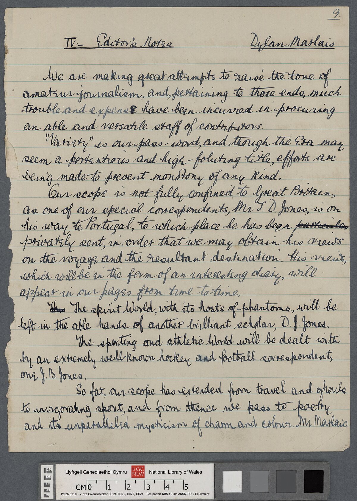 Llawysgrif o rifyn cyntaf, a'r unig rifyn, o 'The Era: a literary journal issued six times a year' a grewyd ar y cyd gan Dylan a Daniel Jones.