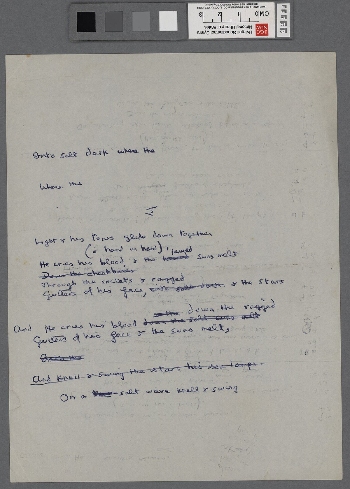 Nodiadau llawysgrif wedi'u llunio gan Dylan Thomas wrth gyfansoddi'r gerdd anorffenedig, 'In Country Heaven'.