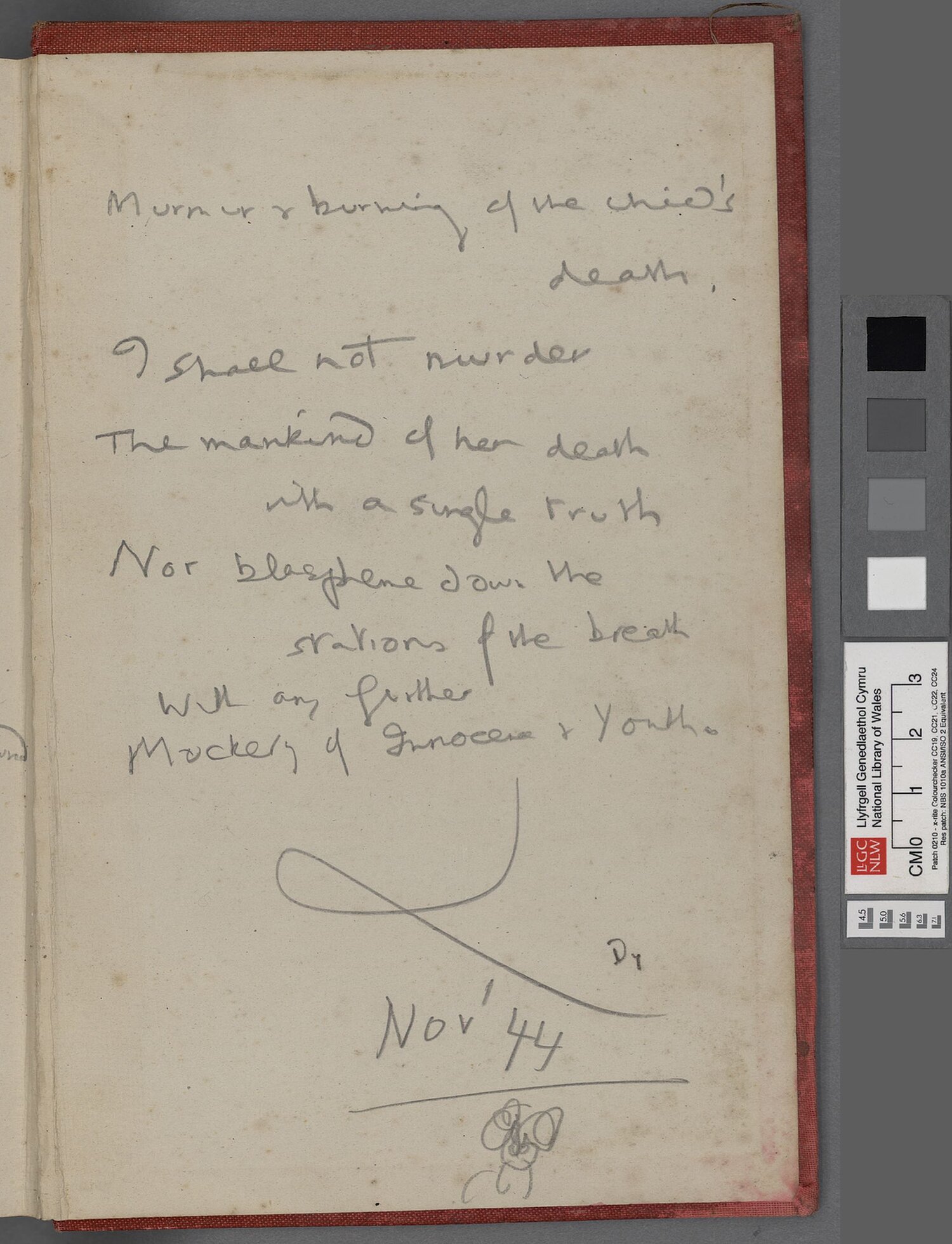 Drafft cynnar o'r gerdd 'A Refusal to Mourn the Death, by Fire, of a Child in London' wedi'i phastio i gefn copi o'r flodeugerdd New Road 1944.