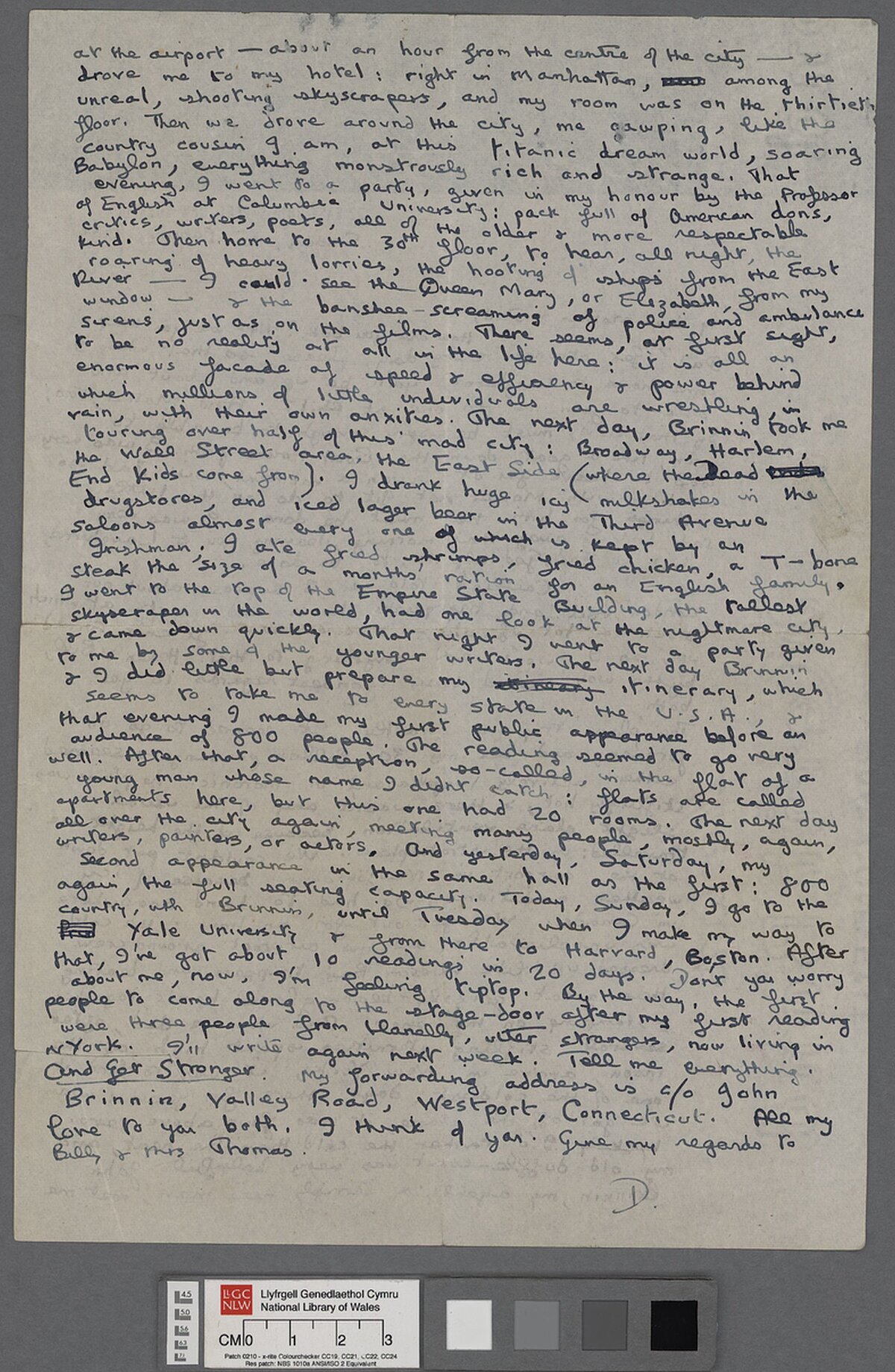Ail dudalen llythyr oddi wrth Dylan Thomas at ei rieni, wedi'i anfon o Efrog Newydd ar 26 Chwefror 1950, yn ystod ei daith gyntaf i America.