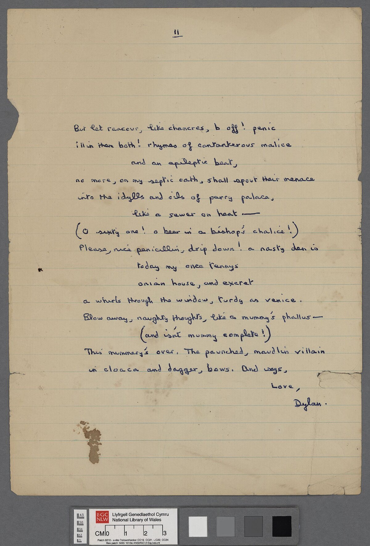 Drafft o 'Letter to Loren' (1951), sef llythyr gan Dylan Thomas wedi'i ysgrifennu ar fydr i'w ffrindiau Lloyd Frankenberg a Loren MacIver wedi iddo dychwelyd i Dalacharn yn dilyn ei daith gyntaf yn America. Ymddengys mae drafft terfynol yw'r llawysgrif hwn, gydag ychydig newidiadau.