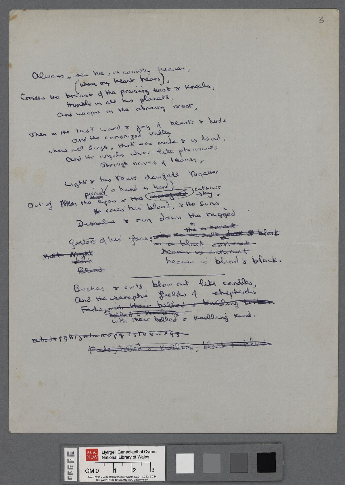 Nodiadau llawysgrif wedi'u llunio gan Dylan Thomas wrth gyfansoddi'r gerdd anorffenedig, 'In Country Heaven'.