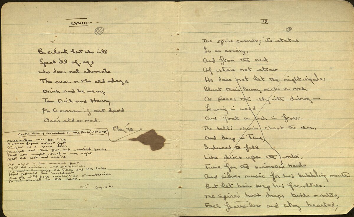 Drafft o'r gerdd, 'The Hunchback in the Park', o Lyfr Nodiadau 1932.