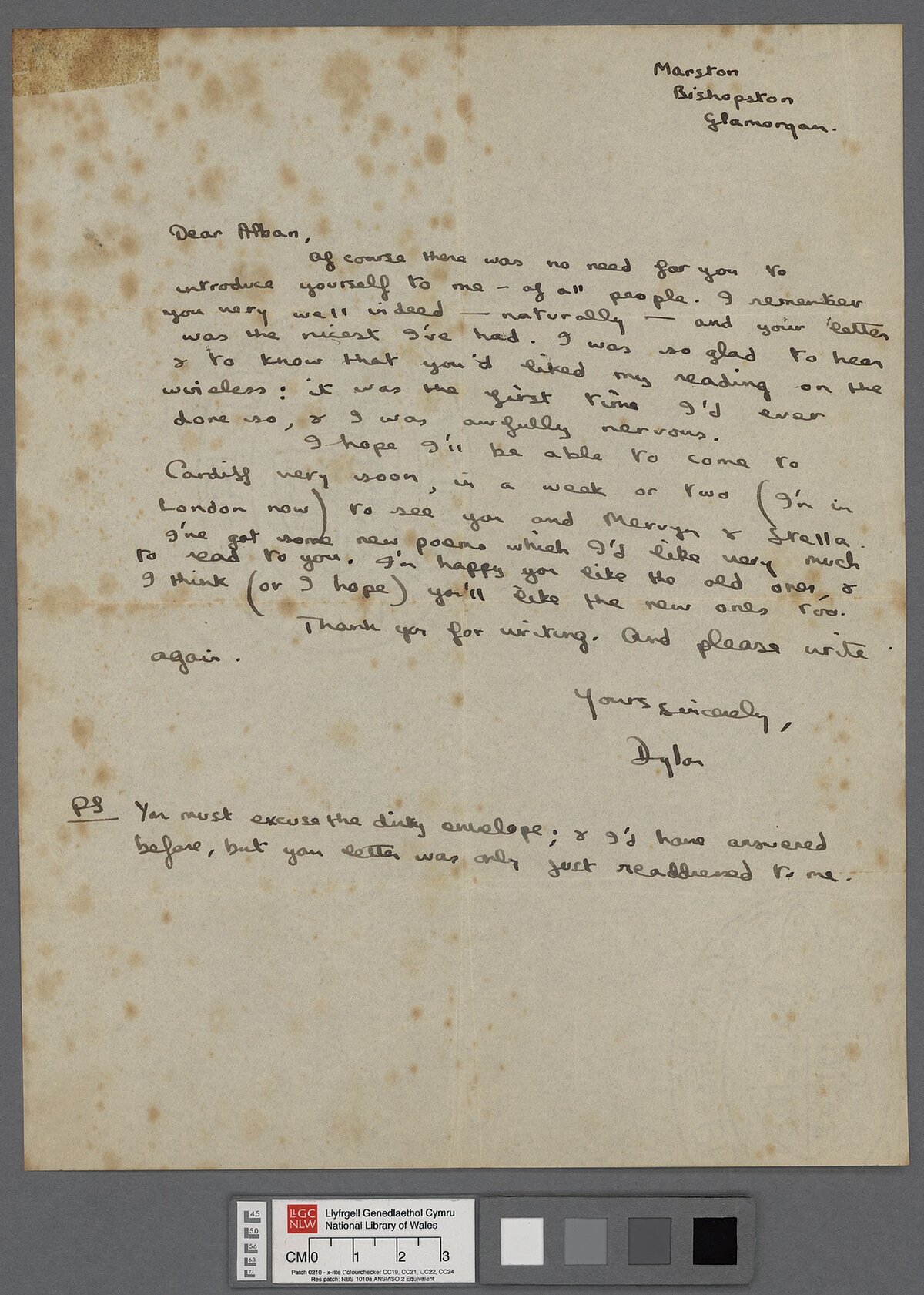Llythyr a ysgrifennwyd ym mis Ebrill 1937 at Alban Levy mewn ymateb i lythyr yr olaf yn dilyn darllediad radio cyntaf Dylan, 'Life and the Modern Poet'.