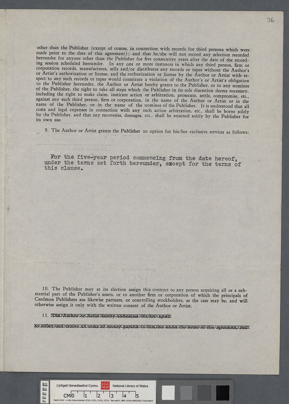 Cytundeb ar gyfer sesiwn recordio gyda Caedmon Publishers, 17 Mai 1953, ar gyfer 'Poetry by Yeats' and 'Poetry and Prose by Dylan Thomas'.