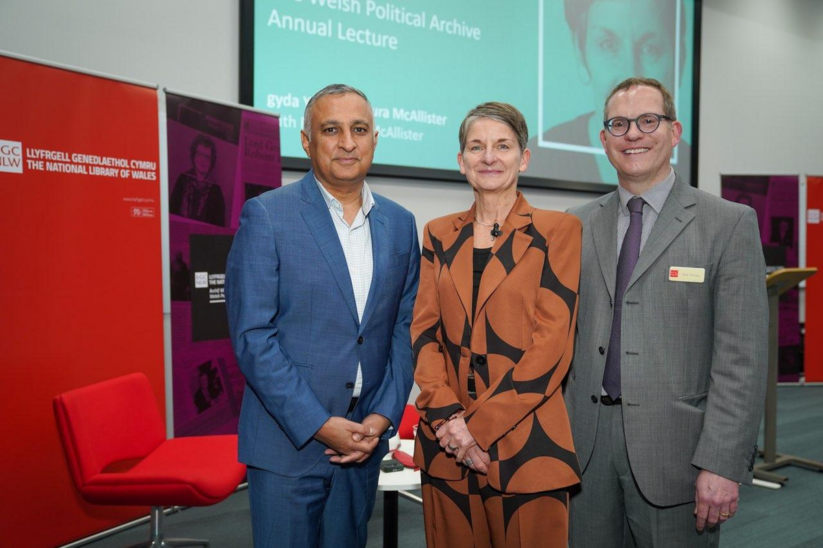 (L-R) Ashok Ahir - National Library President, Professor Laura McAllister, Rob Phillips - Welsh Political Archive