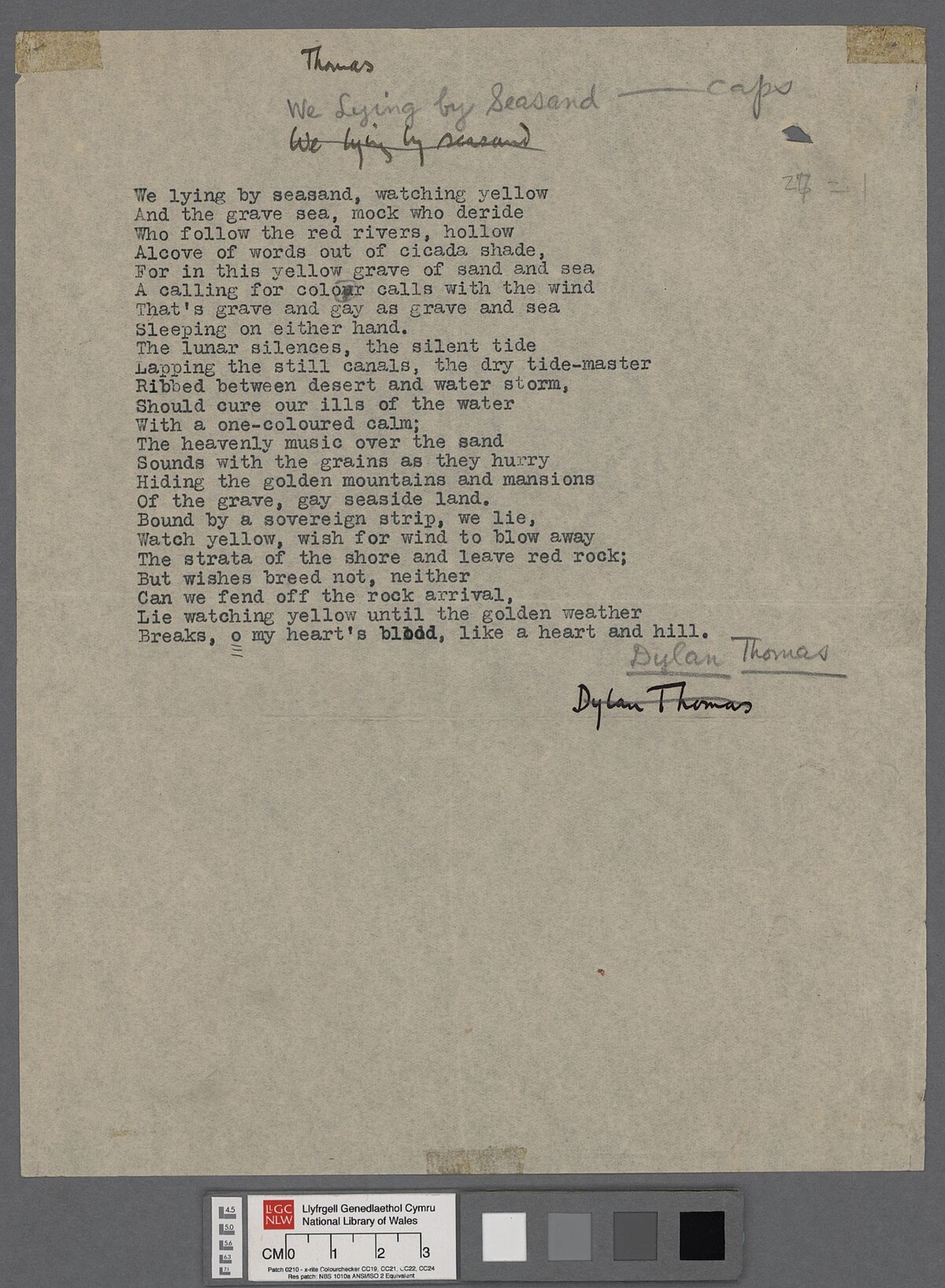 Teipysgrif gyda nodiadau o'r gerdd 'We lying by the seasand' a ymddangosodd yn y gyfrol The Map of Love (1939).