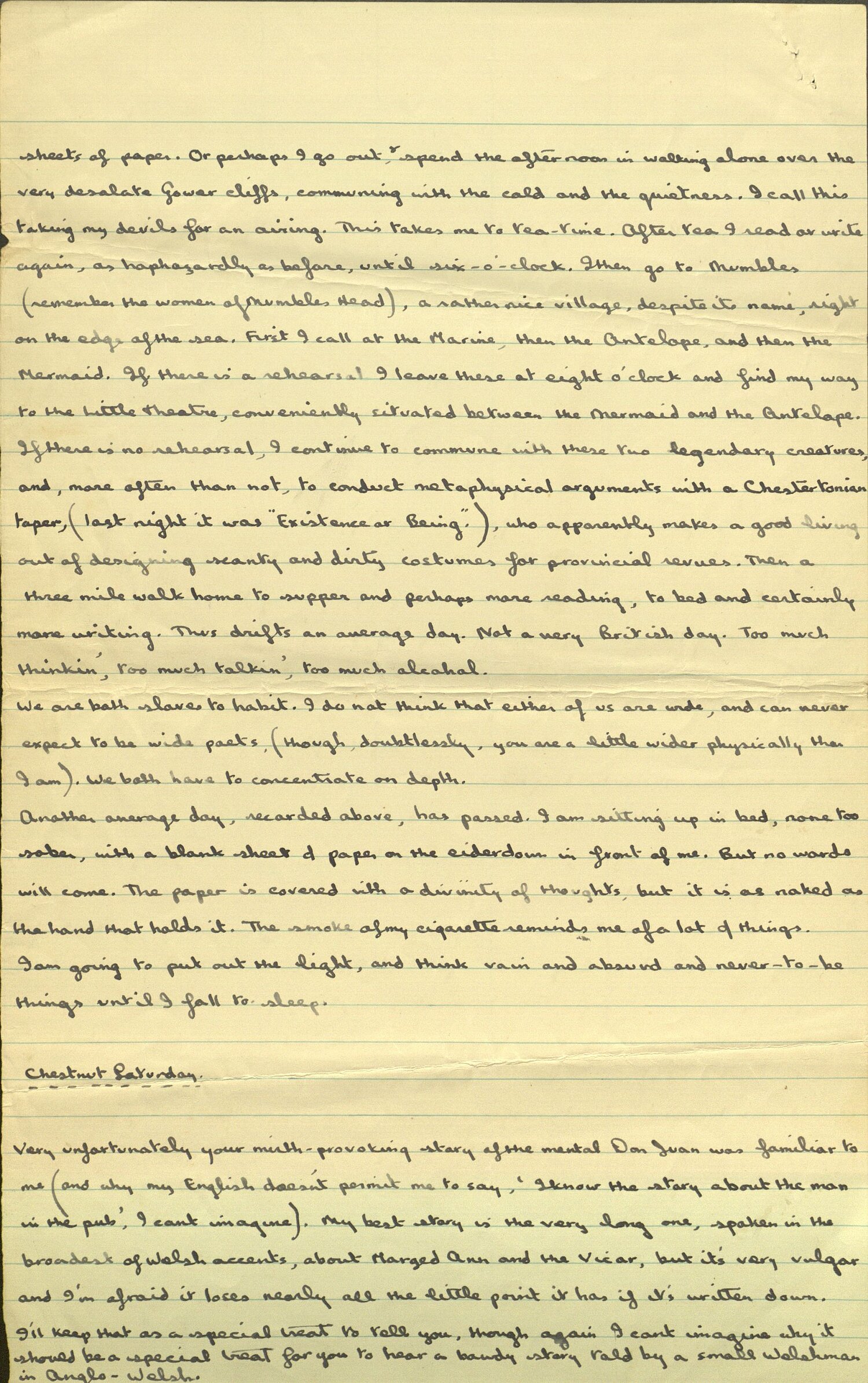 Detholiad o lythyr anfonodd Dylan Thomas at Pamela Hansford Johnson, dechrau Ionawr 1934.