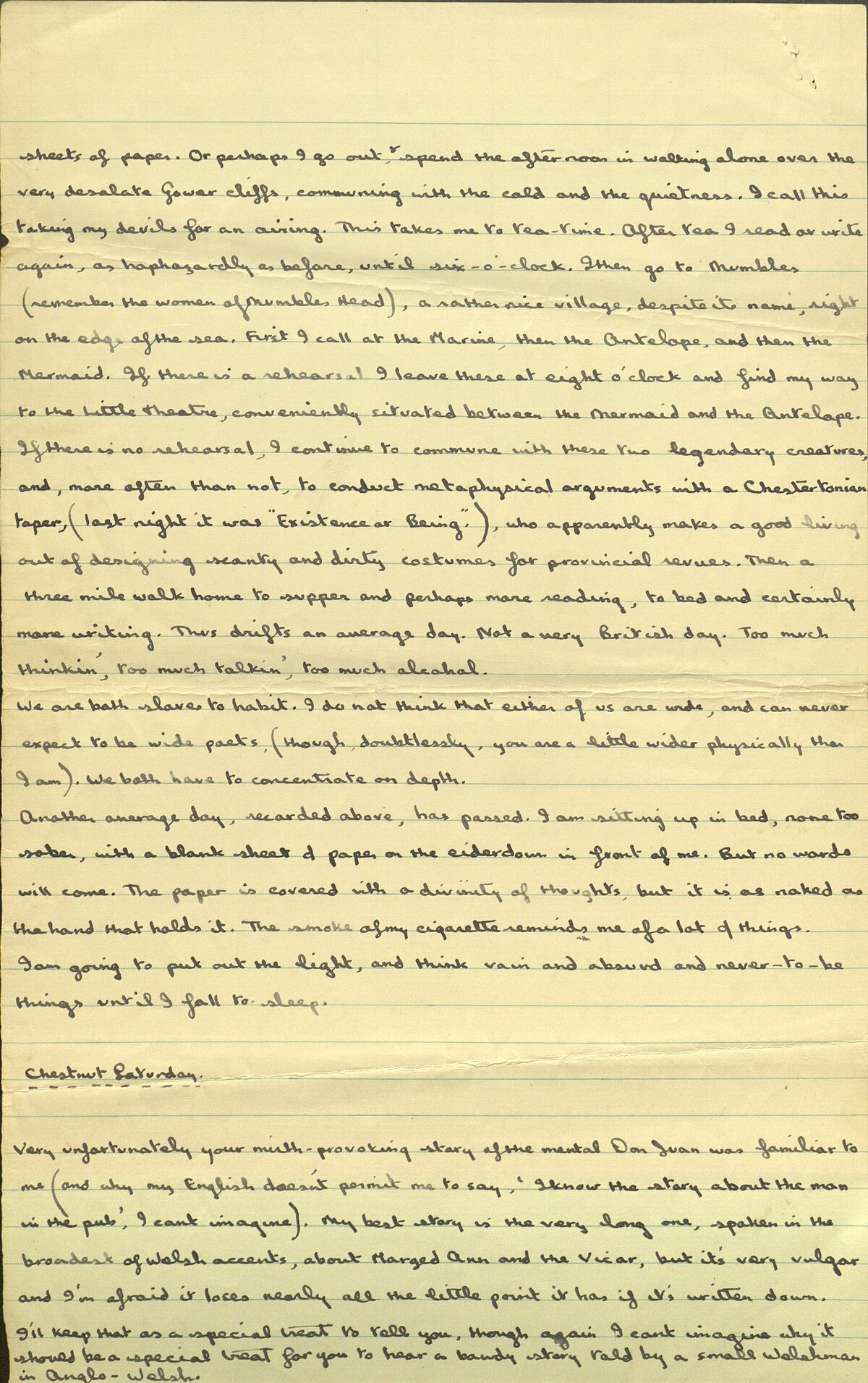 Detholiad o lythyr anfonodd Dylan Thomas at Pamela Hansford Johnson, dechrau Ionawr 1934.