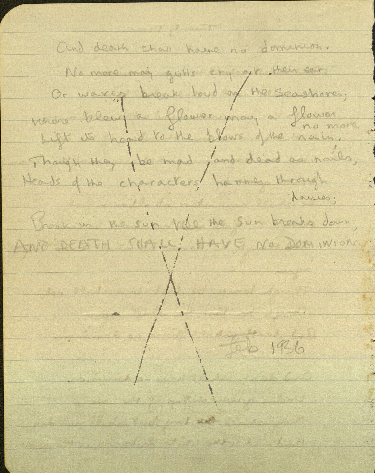 Drafft o'r gerdd, 'And Death Shall Have No Dominion', o Lyfr Nodiadau 1933.