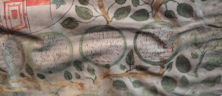 The Barons Dudley family tree showing branches, leaves some family names and a art of the Coat of Arms.