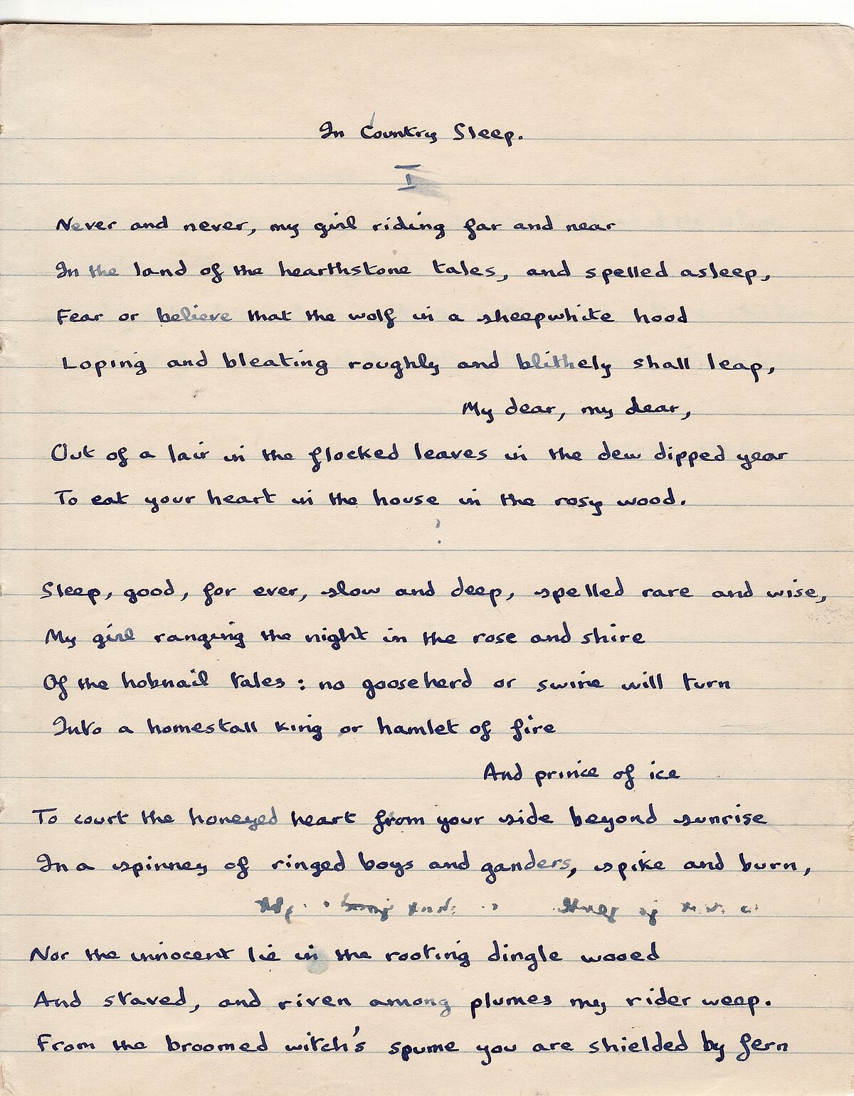 Drafft o'r gerdd, 'In Country Sleep', o Lyfr Nodiadau 1949-1951.