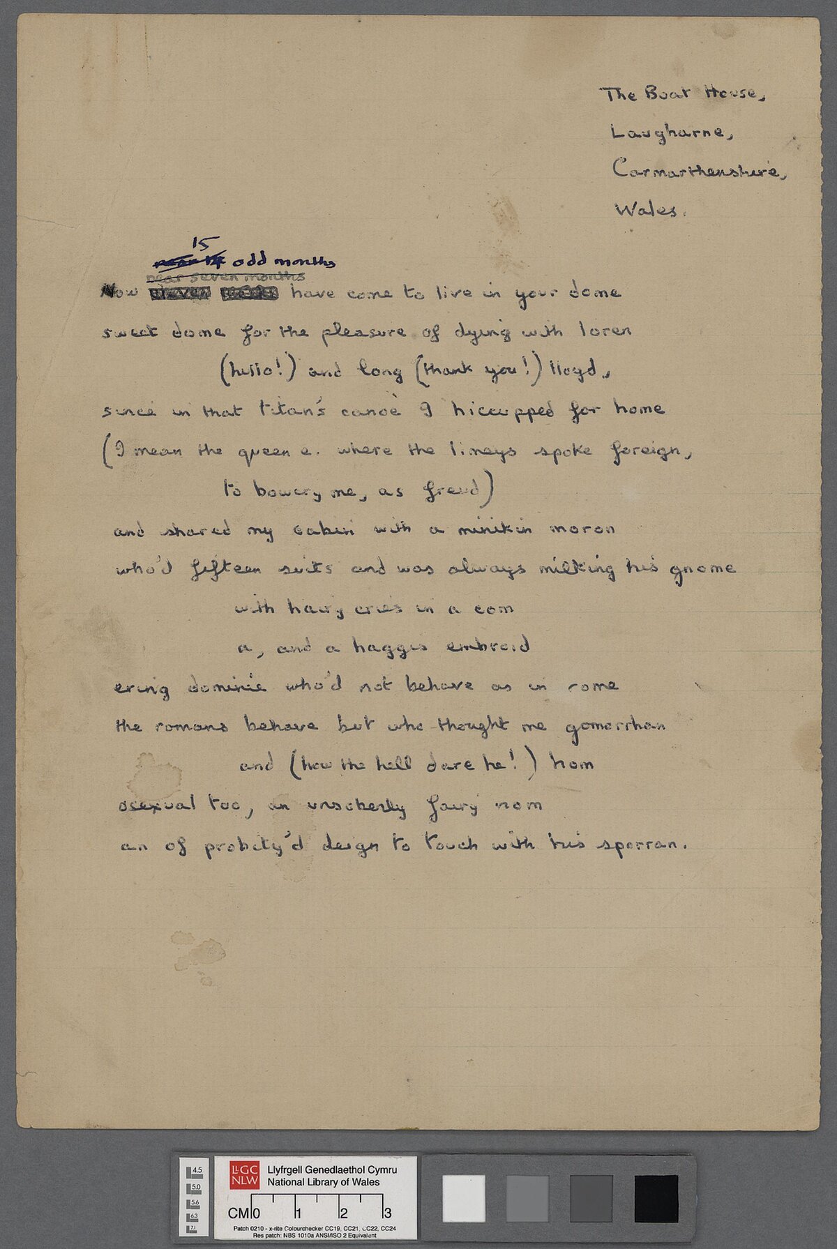 Drafft o 'Letter to Loren' (1951), sef llythyr gan Dylan Thomas wedi'i ysgrifennu ar fydr i'w ffrindiau Lloyd Frankenberg a Loren MacIver wedi iddo dychwelyd i Dalacharn yn dilyn ei daith gyntaf yn America. Ymddengys mae drafft terfynol yw'r llawysgrif hwn, gydag ychydig newidiadau.