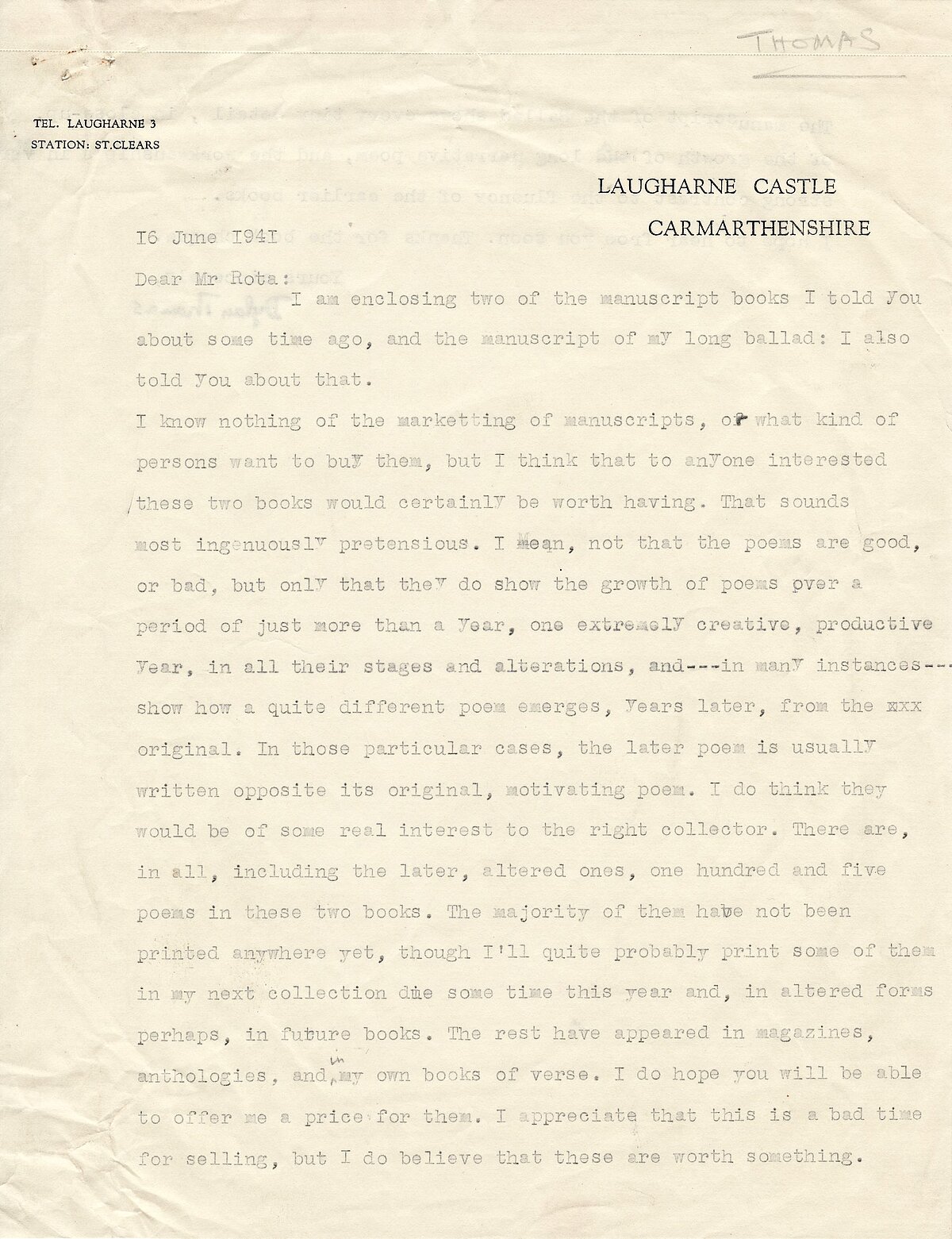 Llythyr oddi wrth Dylan Thomas at Bertram Rota, 16 Mehefin 1941.