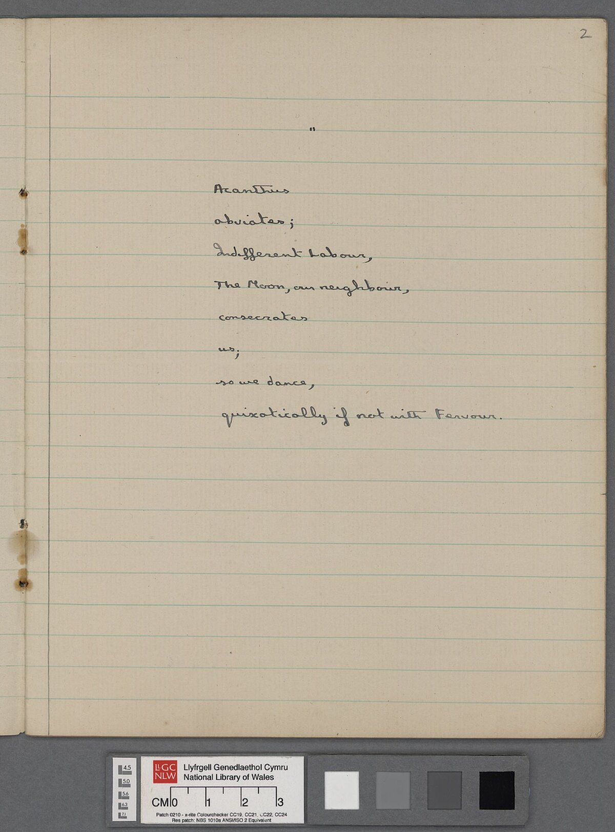 Llyfr ysgrifennu yn cynnwys pennill gan Dylan Thomas.