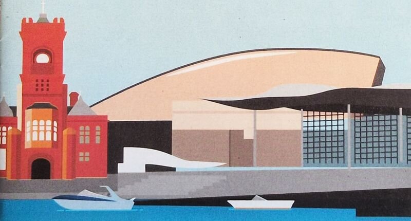 Darlun steiliedig o Fae Caerdydd, gan gynnwys adeilad brics coch y Pierhead, Canolfan y Mileniwm a'r Senedd