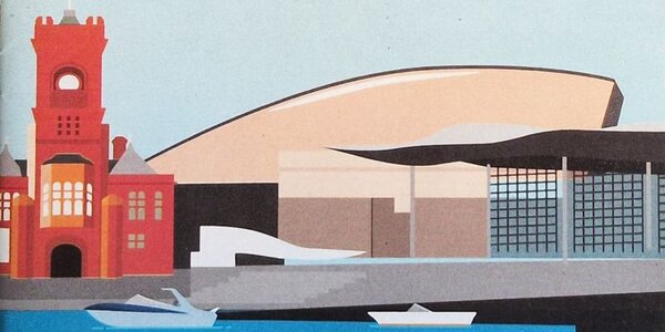 Darlun steiliedig o Fae Caerdydd, gan gynnwys adeilad brics coch y Pierhead, Canolfan y Mileniwm a'r Senedd
