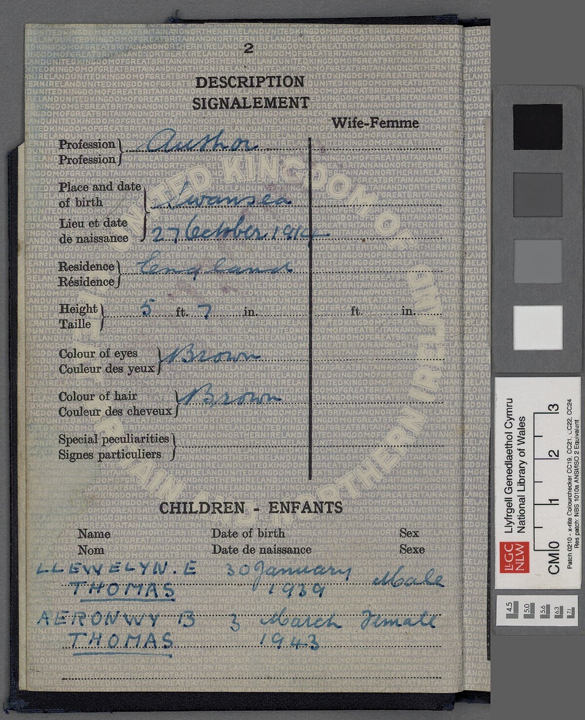 Trydedd dudalen pasport Dylan.