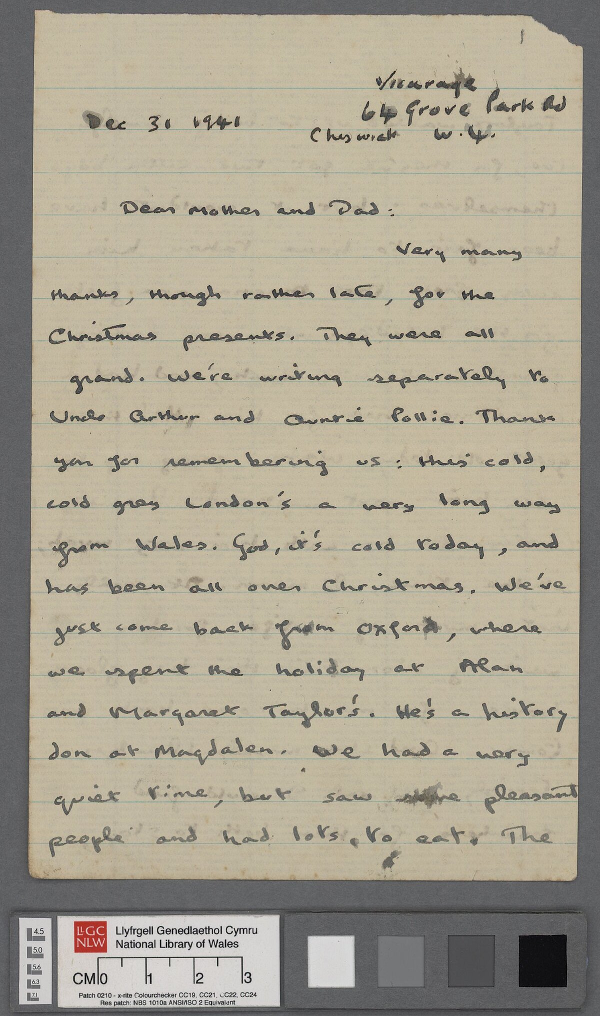 Llythyr, dyddiedig 31 Rhagfyr 1941, oddi wrth Dylan at ei rieni D.J. a Florence Thomas. Ynddo, mae’n diolch iddynt am yr anrhegion Nadolig ac yn sôn am ei waith diweddar ar ffilmiau gwybodaeth a sgriptiau radio.
