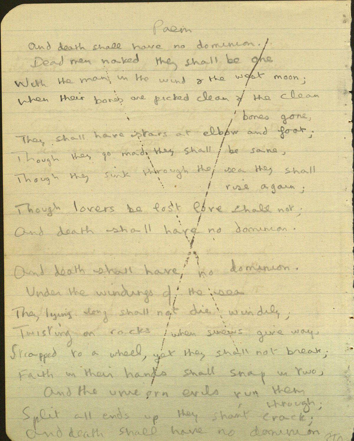 Drafft o'r gerdd, 'And Death Shall Have No Dominion', o Lyfr Nodiadau 1933.