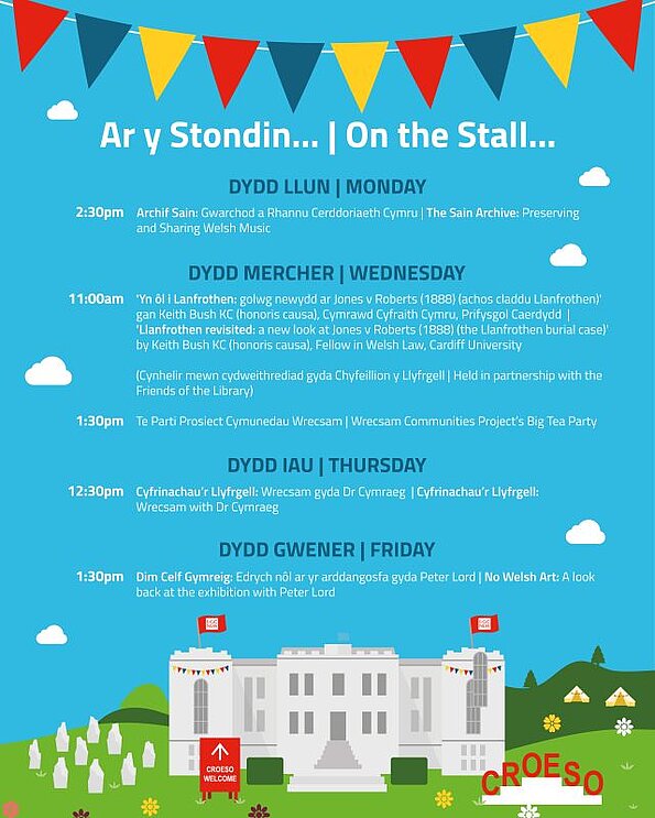 Graffeg stondin Llyfrgell Genedlaethol Cymru ar faes yr Eisteddfod Genedlaethol