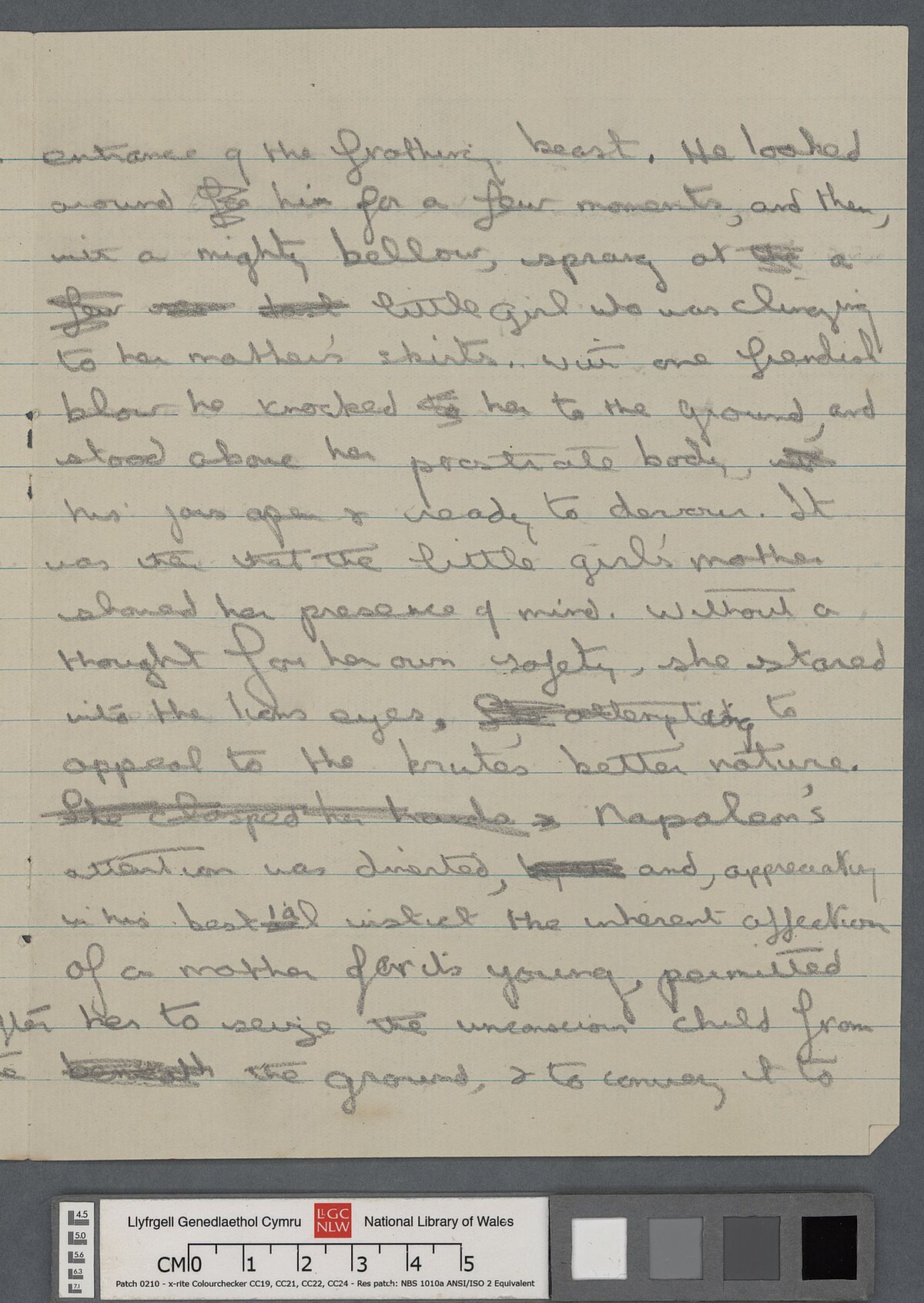 Trydedd dudalen drafft cynnar heb deitl, heb ei chyhoeddi o stori fer gan Dylan Thomas.