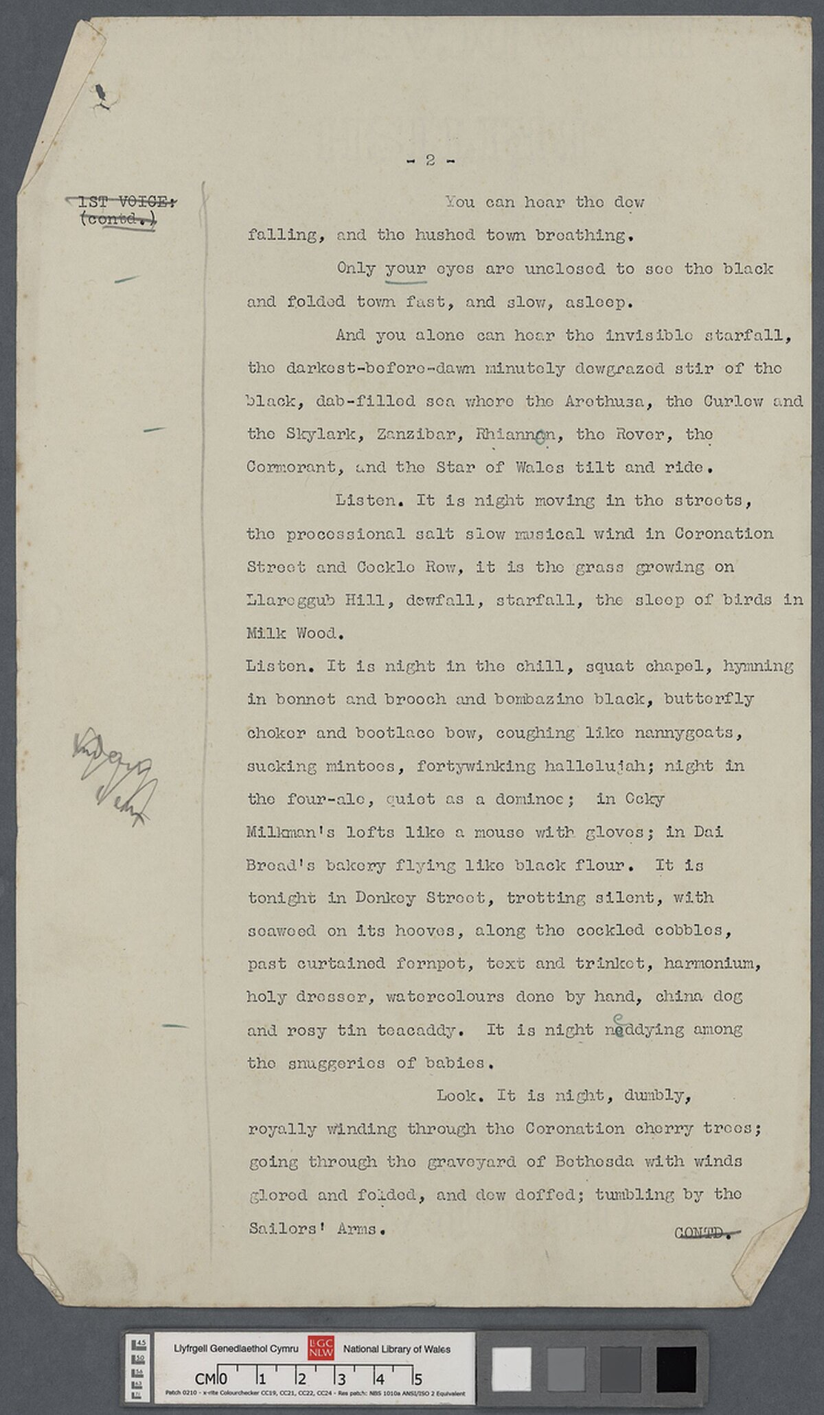 Sgript 1953 o Under Milk Wood, gyda nodiadau yn llaw Dylan Thomas a Daniel Jones. Mae'r waled, yr oedd y sgript ynddi, wedi'i labelu fel "1 of New York scripts".