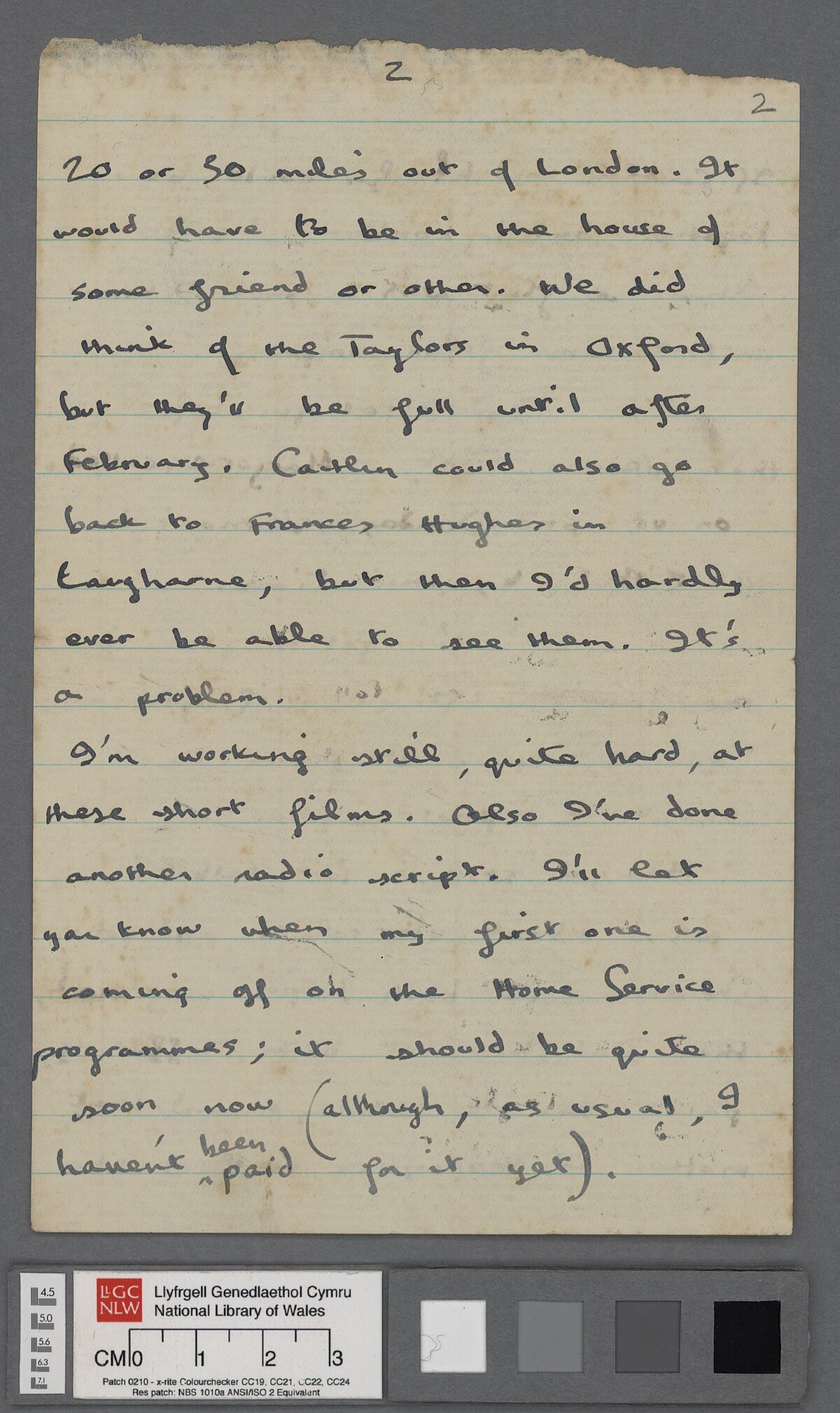 Trydydd dudalen llythyr, dyddiedig 31 Rhagfyr 1941, oddi wrth Dylan at ei rieni D.J. a Florence Thomas. Ynddo, mae’n diolch iddynt am yr anrhegion Nadolig ac yn sôn am ei waith diweddar ar ffilmiau gwybodaeth a sgriptiau radio.