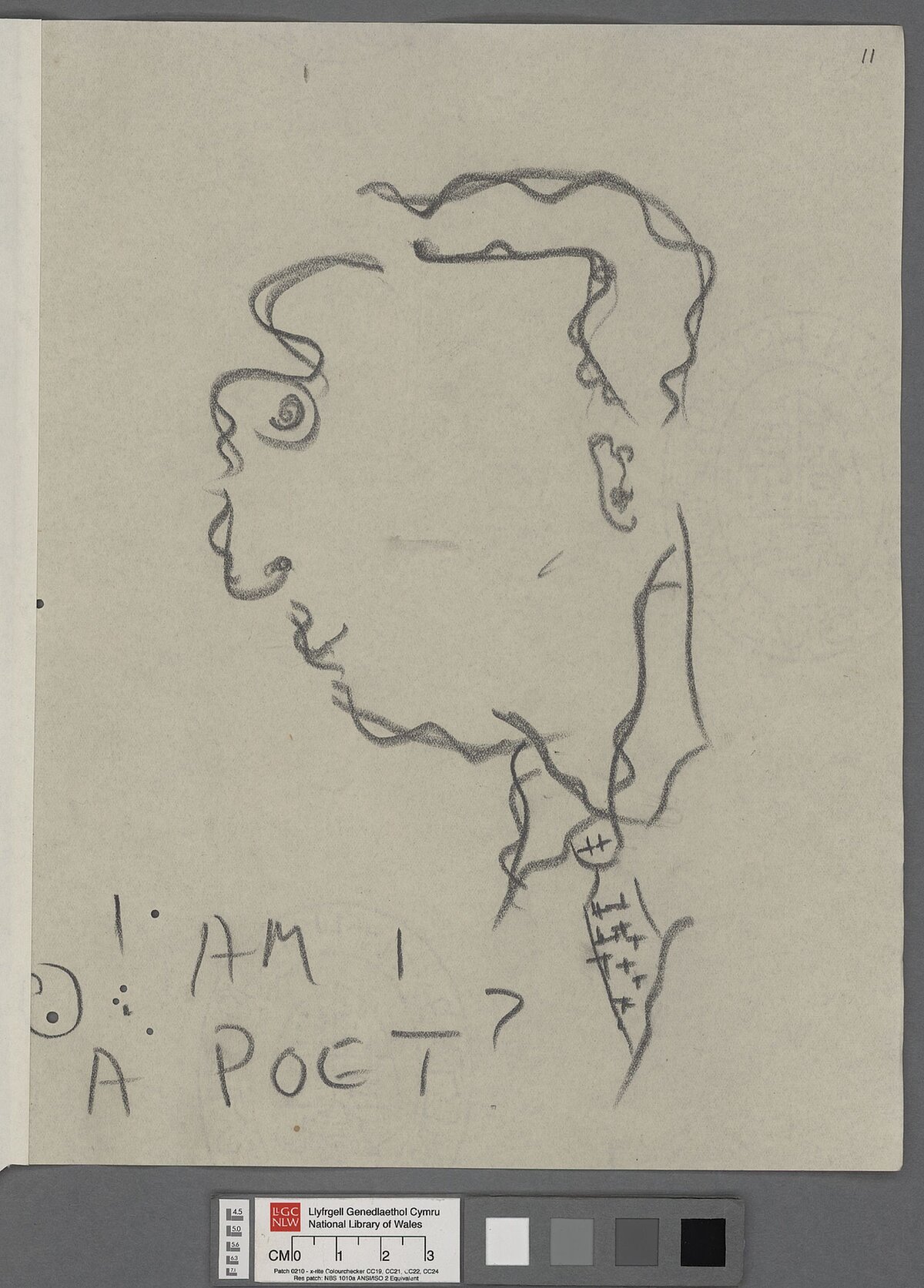 Portread yn llaw Dylan Thomas gyda'r geiriau 'Am I a Poet?' wedi'i nodi yng nghornel y dudalen.