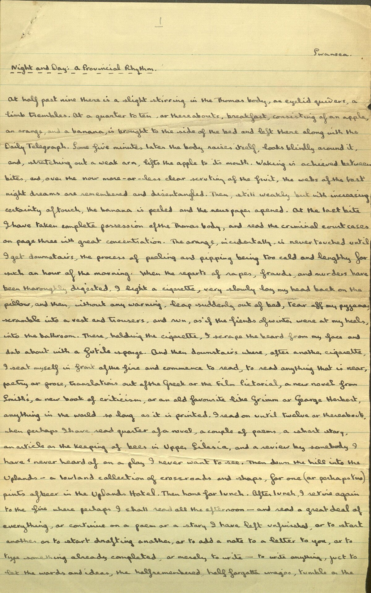 Detholiad o lythyr anfonodd Dylan Thomas at Pamela Hansford Johnson, dechrau Ionawr 1934.