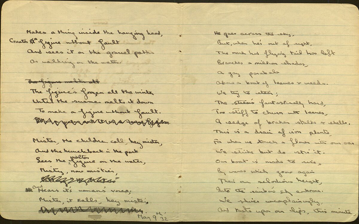 Drafft o'r gerdd, 'The Hunchback in the Park', o Lyfr Nodiadau 1932.