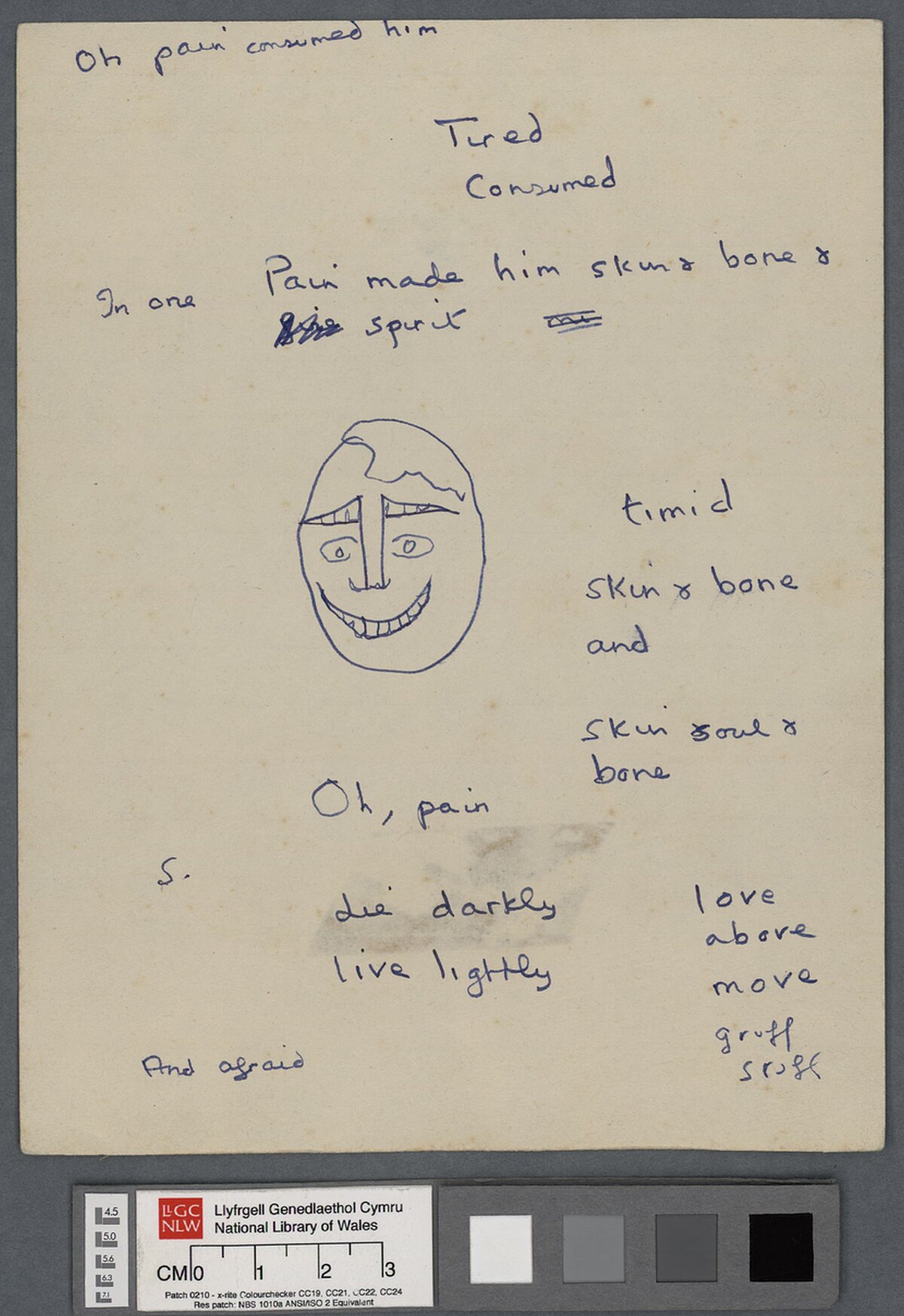 Tudalen o nodiadau a dwdl a wnaed gan Dylan Thomas wrth gyfansoddi ei gerdd olaf, anorffenedig, 'Elegy', i'w dad. Gorffenwyd y gerdd yn hwyrach gan Vernon Watkins.