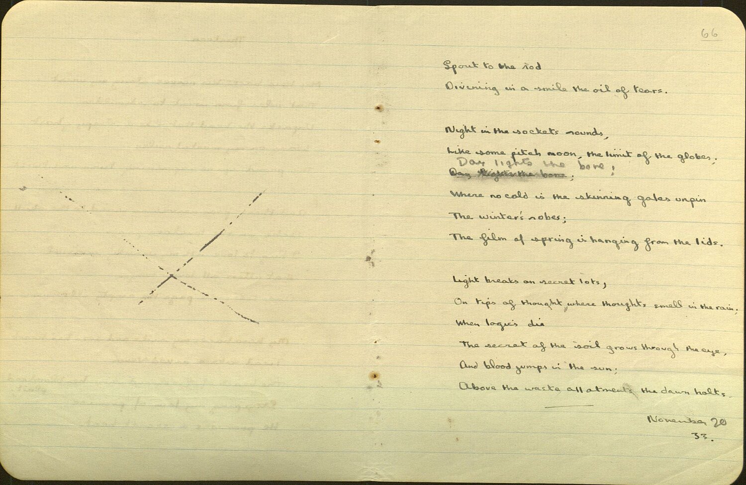 Drafft o'r gerdd, 'Light breaks where no sun shines', o Lyfr Nodiadau 1934.