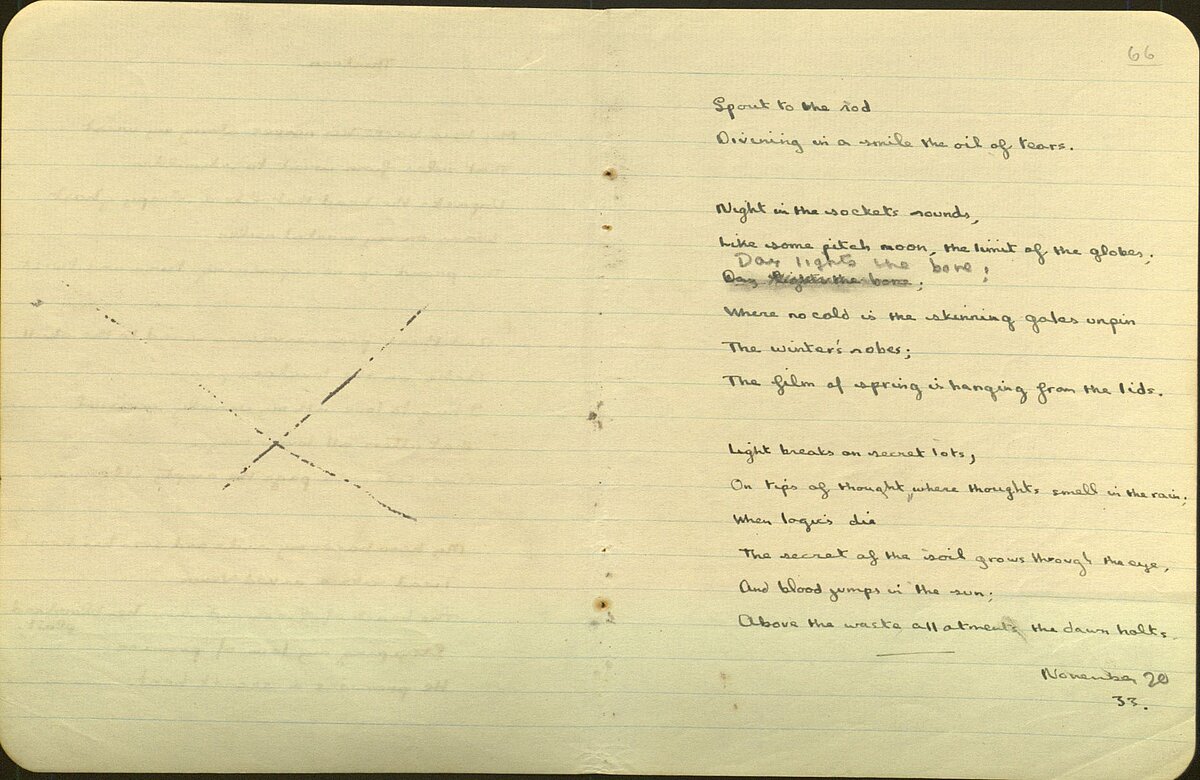 Drafft o'r gerdd, 'Light breaks where no sun shines', o Lyfr Nodiadau 1934.