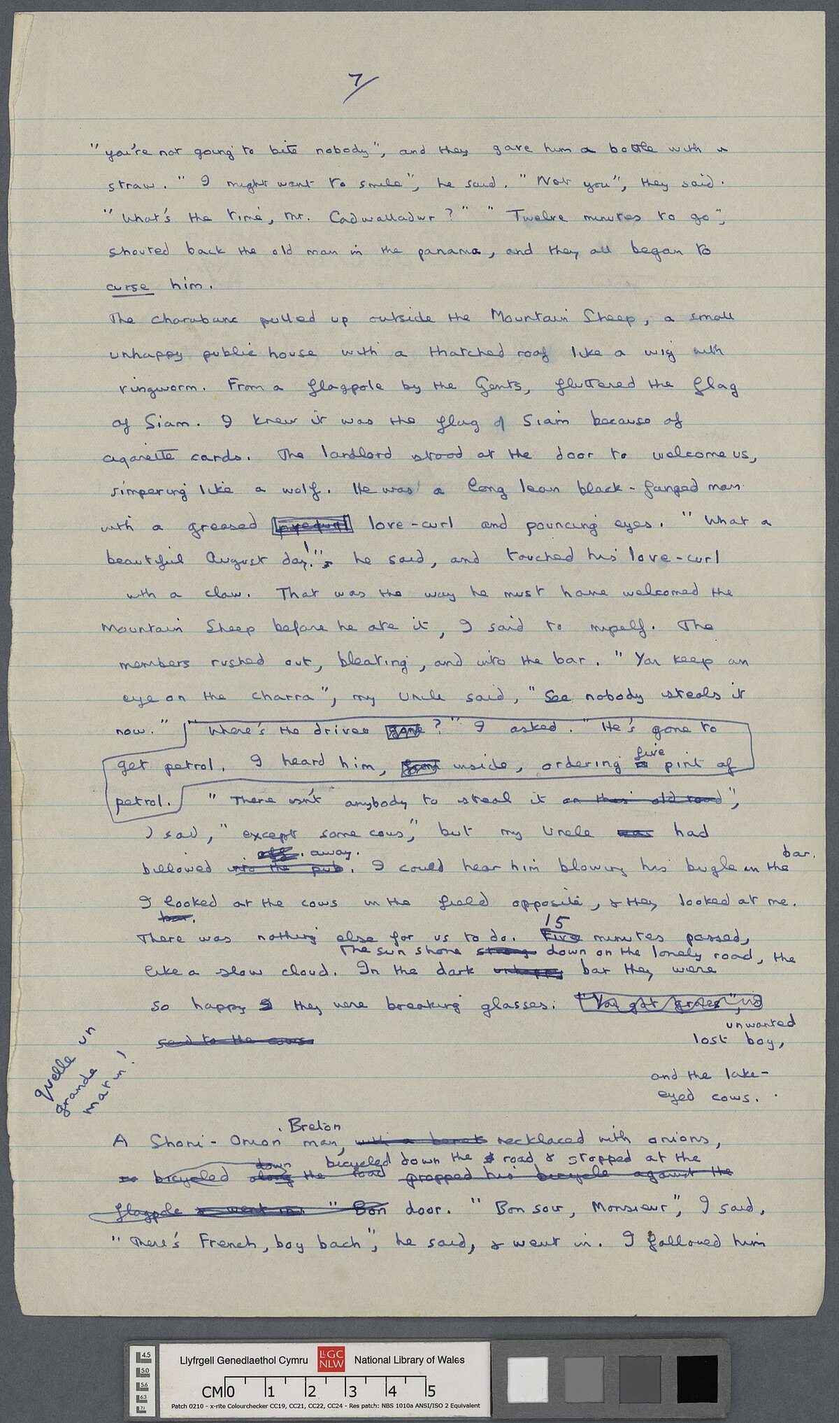 Drafft llawysgrif o un o storïau enwocaf Dylan, 'A Story', neu, 'The Outing'.