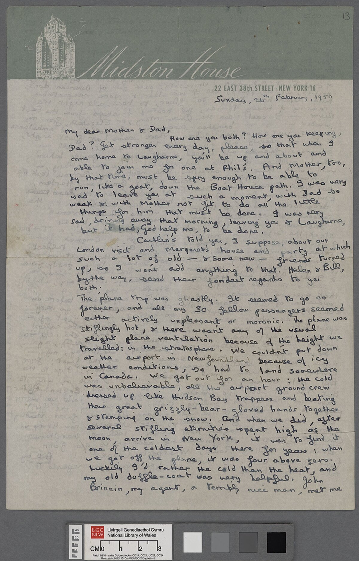 Llythyr oddi wrth Dylan Thomas at ei rieni, wedi'i anfon o Efrog Newydd ar 26 Chwefror 1950, yn ystod ei daith gyntaf i America.
