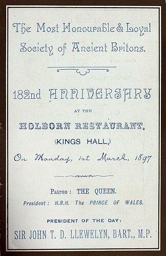 Cerdyn gwahoddiad i'r cinio blynyddol yn 1897 Cerdyn gwahoddiad i'r cinio blynyddol yn 1897