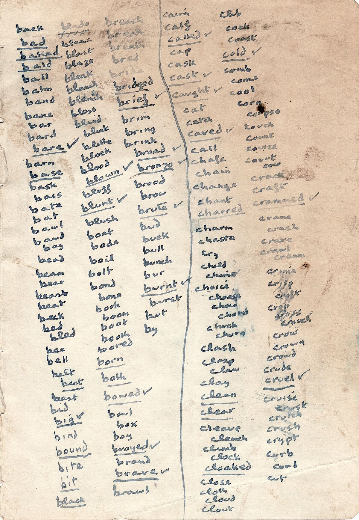 Rhestr o eiriau sy'n odli yn llaw Dylan Thomas (ochr 1).