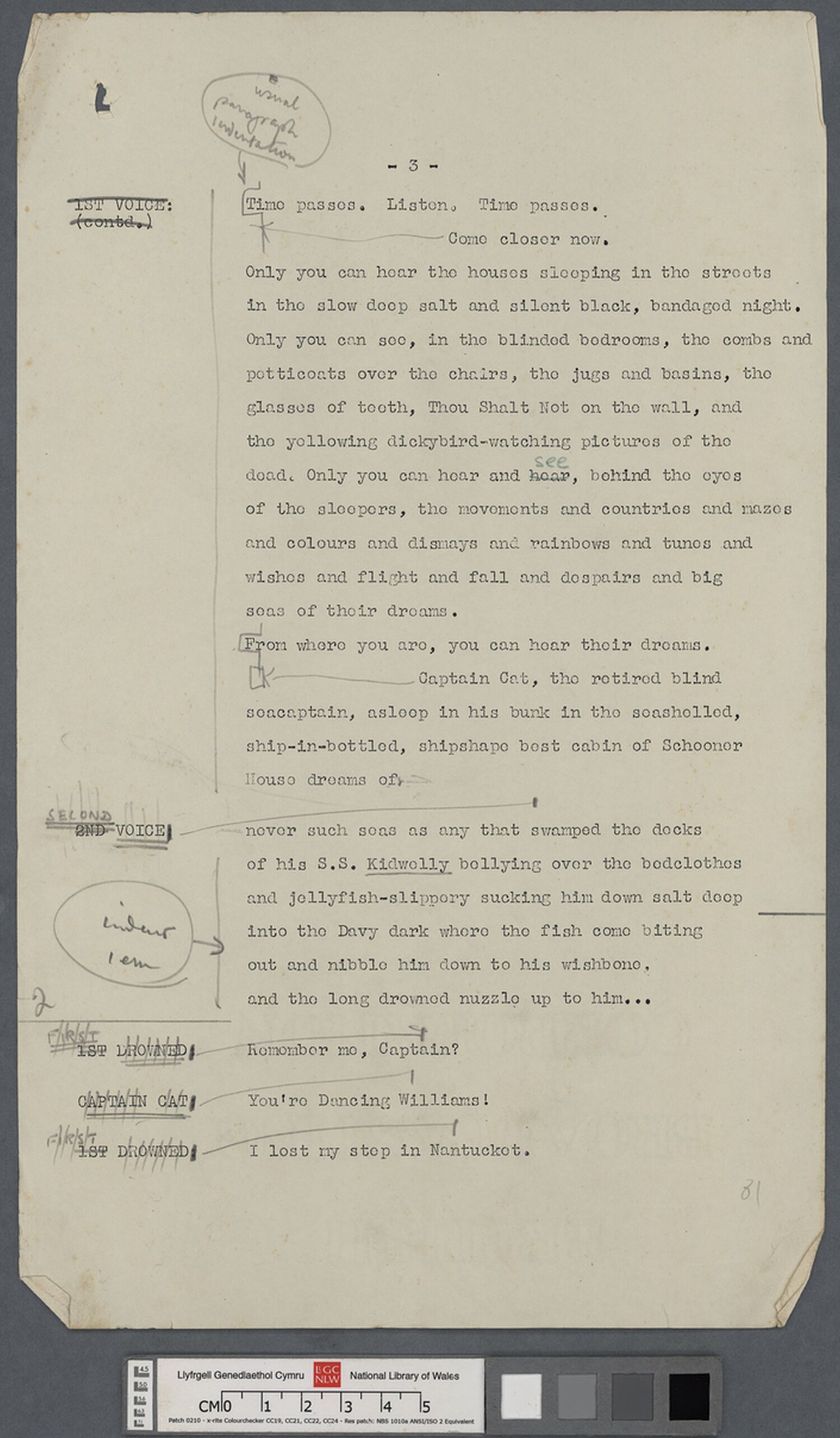 Sgript 1953 o Under Milk Wood, gyda nodiadau yn llaw Dylan Thomas a Daniel Jones. Mae'r waled, yr oedd y sgript ynddi, wedi'i labelu fel "1 of New York scripts".