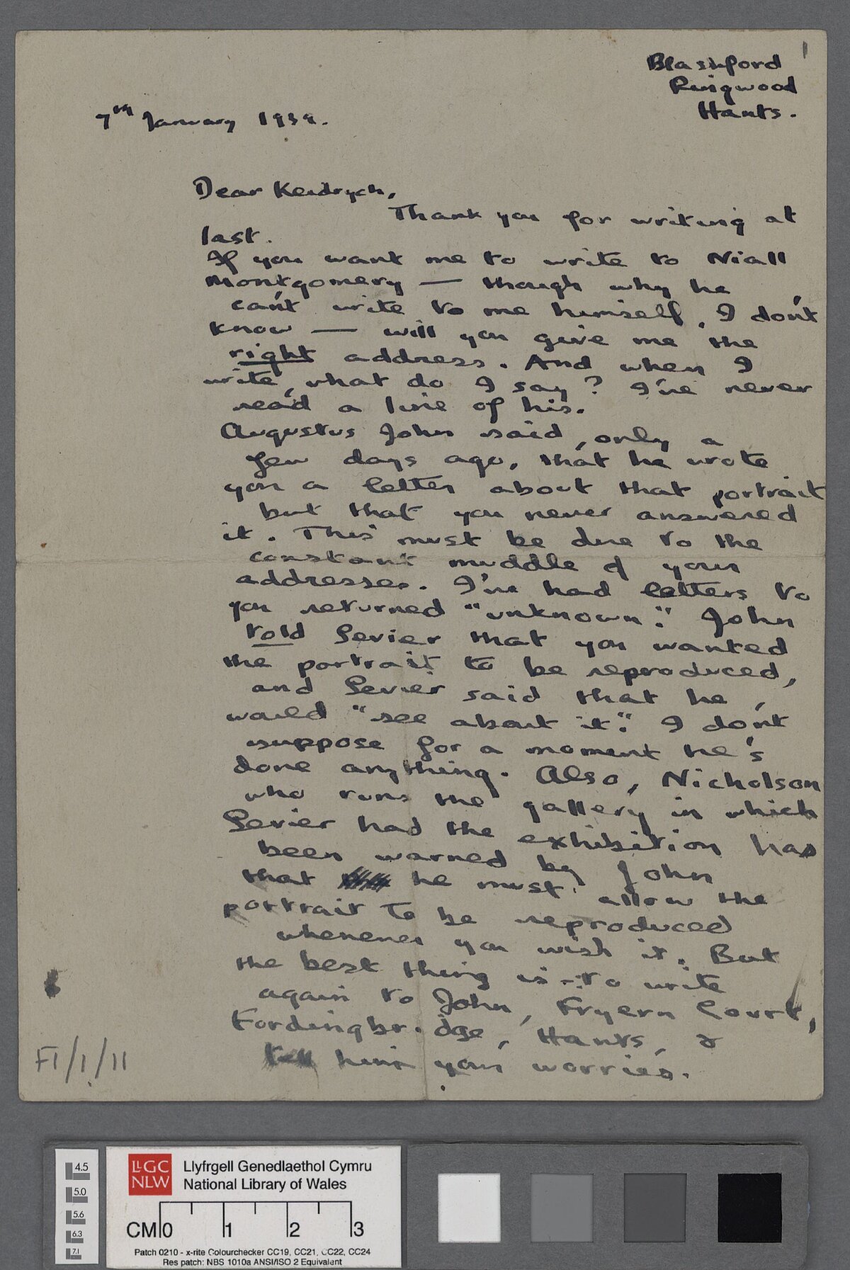 Llythyr, dyddiedig 7 Ionawr 1938, at Keidrych Rhys, yn mynegi ei rwystredigaeth gyda Rhys a'i gylchgrawn 'Wales'.
