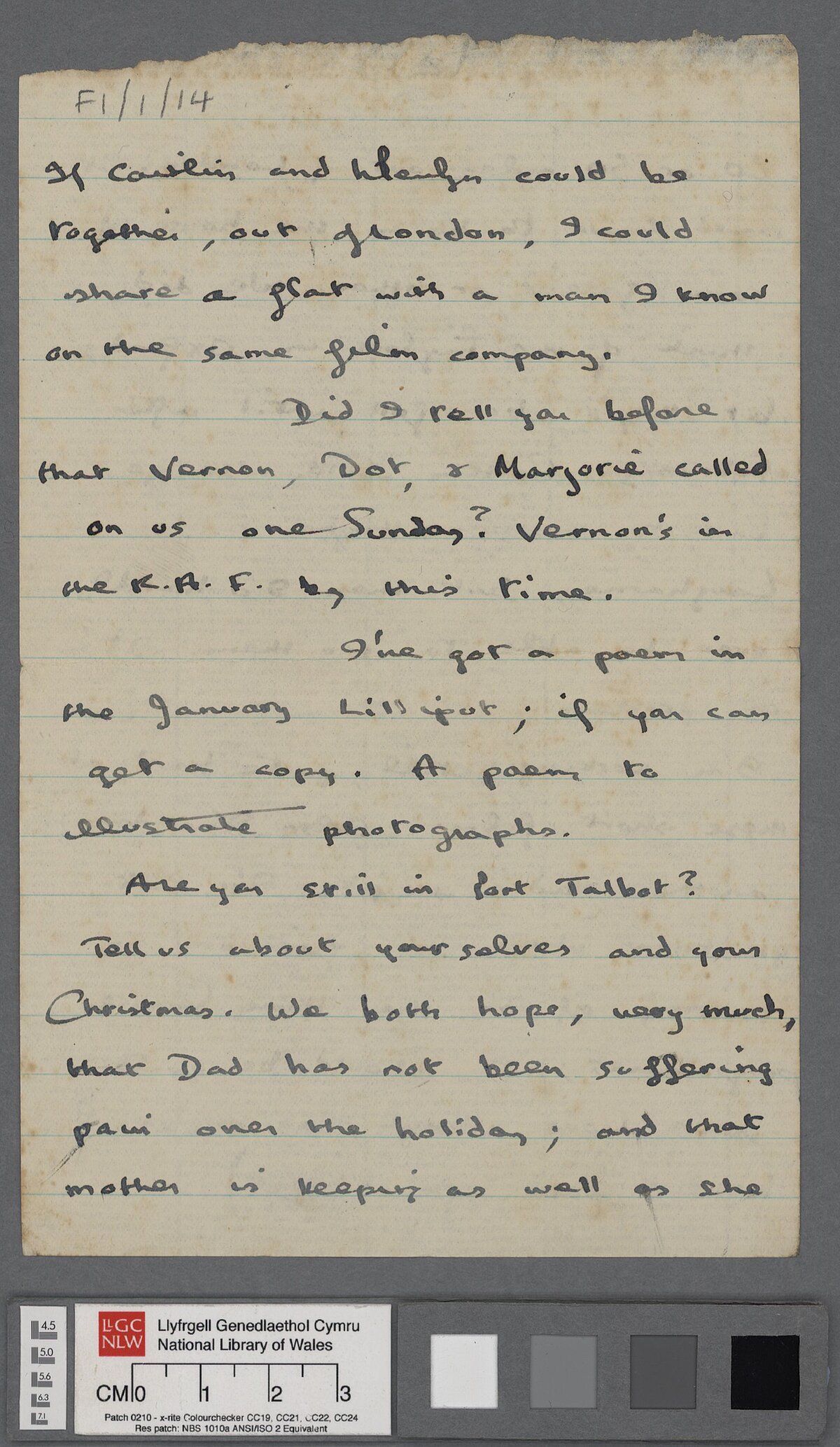 Pedwerydd dudalen llythyr, dyddiedig 31 Rhagfyr 1941, oddi wrth Dylan, wedi'i gyfeirio at ei rieni D.J. a Florence Thomas yng Nghaerfyrddin. Ynddo, mae’n diolch iddynt am yr anrhegion Nadolig ac yn sôn am ei waith diweddar ar ffilmiau gwybodaeth a sgriptiau radio.