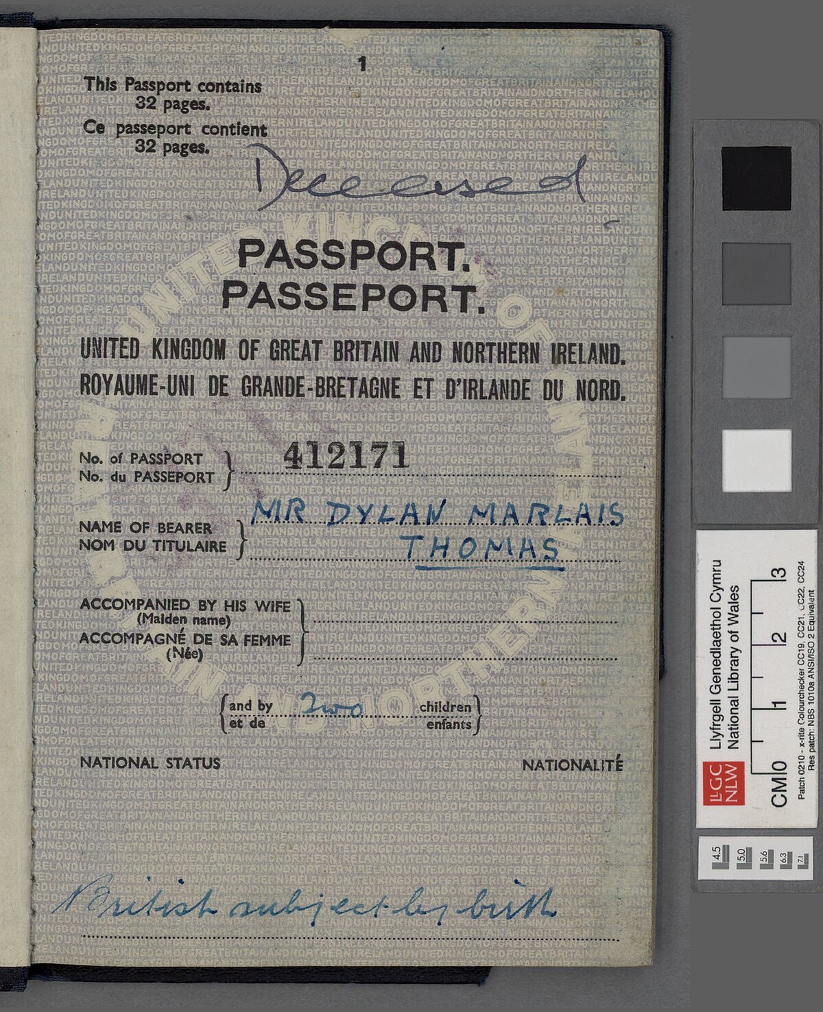 Ail dudalen pasport Dylan.