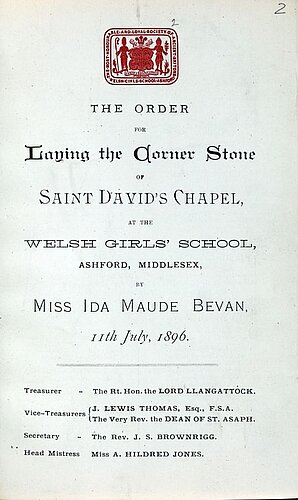 Trefn y seremoni i osod carreg sylfaen y capel yn yr Ysgol i Ferched Trefn y seremoni i osod carreg sylfaen y capel yn yr Ysgol i Ferched