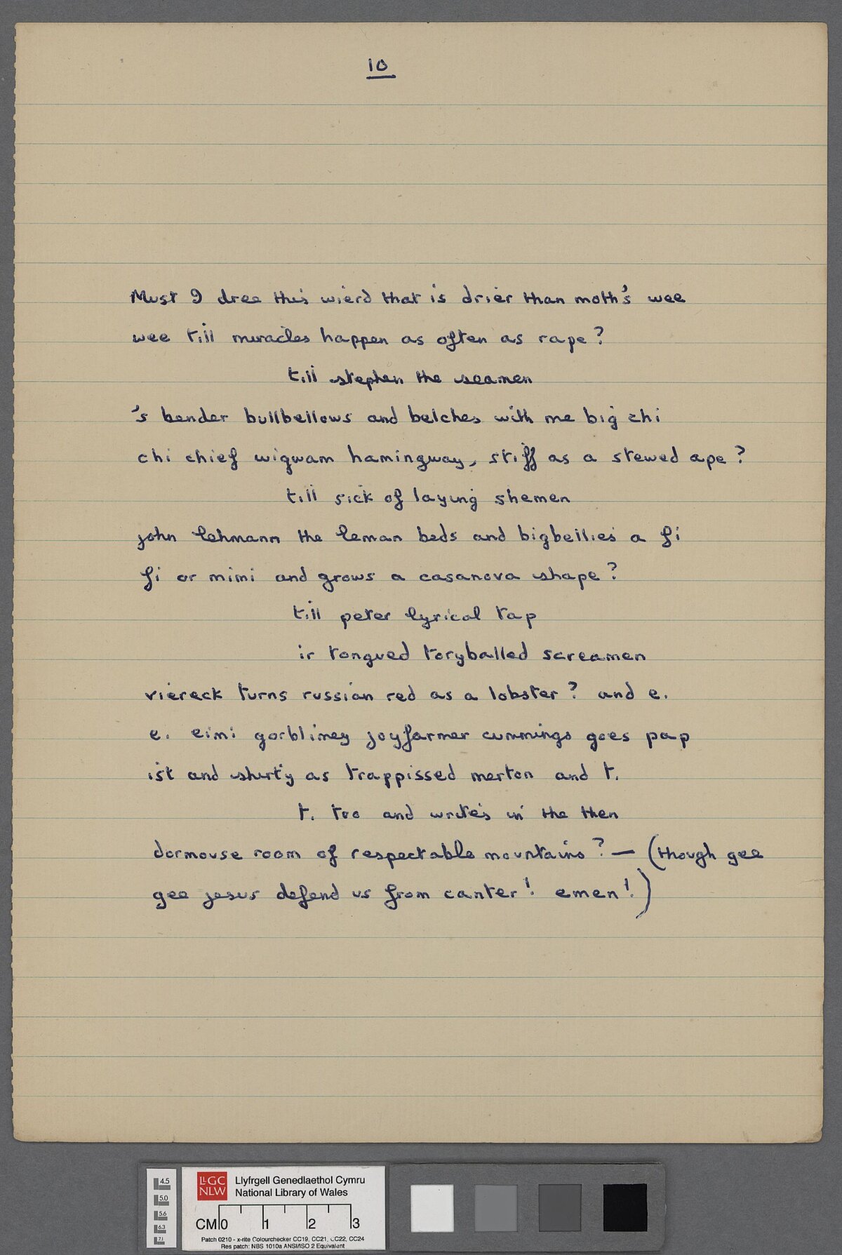 Drafft o 'Letter to Loren' (1951), sef llythyr gan Dylan Thomas wedi'i ysgrifennu ar fydr i'w ffrindiau Lloyd Frankenberg a Loren MacIver wedi iddo dychwelyd i Dalacharn yn dilyn ei daith gyntaf yn America. Ymddengys mae drafft terfynol yw'r llawysgrif hwn, gydag ychydig newidiadau.